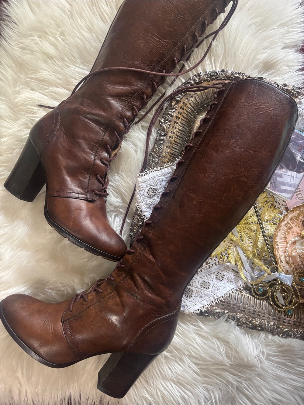 Frye Parker Lace-Up Victorian Brown Leather Tall Bohemian Knee High Boot 8.5 Hot